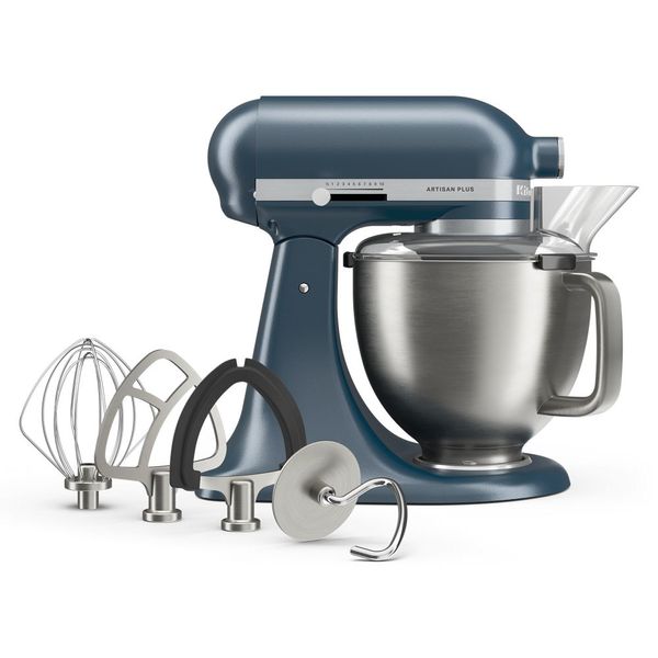 KitchenAid Artisan Plus KSM50PKVXBS Blue Steel tilt-head mixer with stainless bowl and included tools