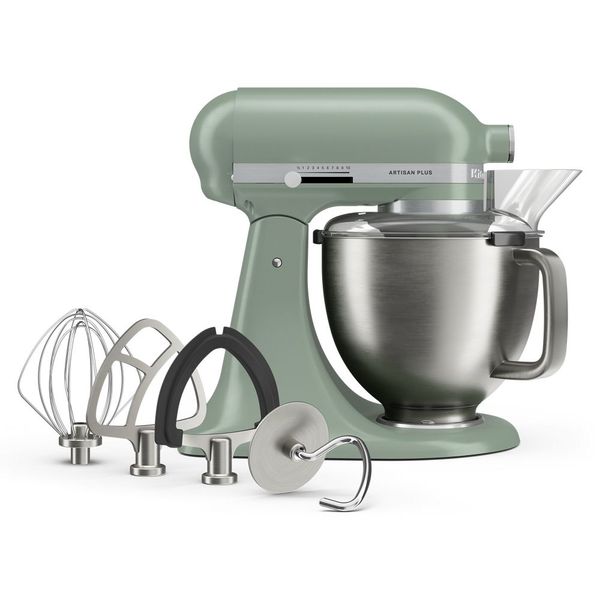 KitchenAid Artisan Plus KSM50PKVXDC Cardamom tilt-head mixer with stainless bowl, shield and listed tools