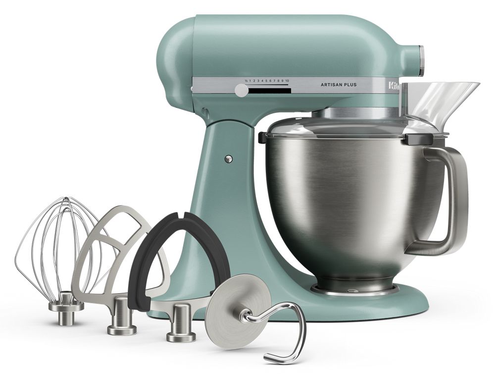KitchenAid Artisan Plus KSM50PKVXMJ Mint Julep tilt-head mixer with stainless bowl, shield and listed tools