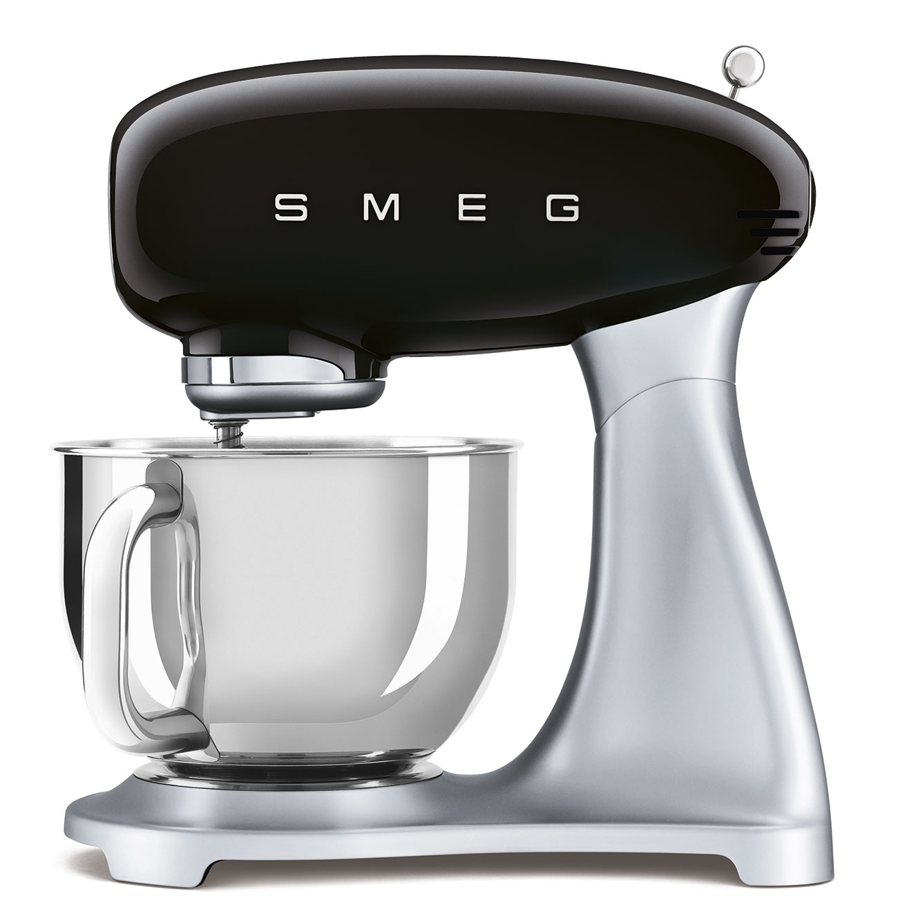 Black SMEG SMF04 stand mixer with its handled stainless-steel bowl, shown in the official exact-model image