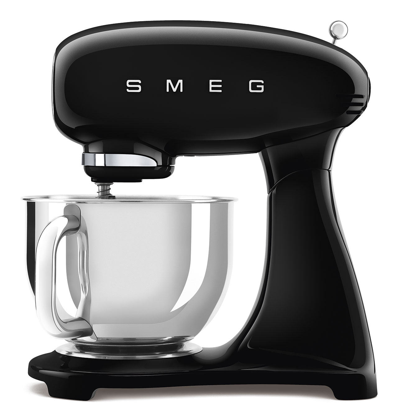 SMEG Forte SMF05BLUS glossy Black five-quart tilt-head stand mixer with stainless bowl