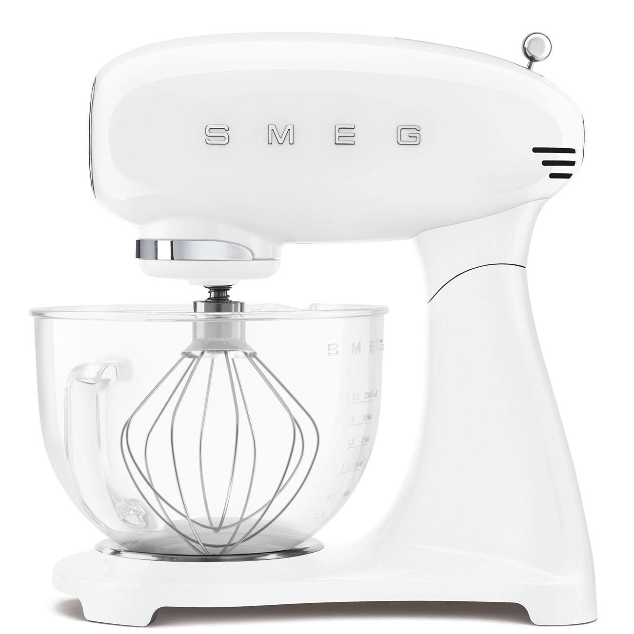 Glossy white SMEG SMF13WHUS tilt-head stand mixer with its clear handled glass bowl shown