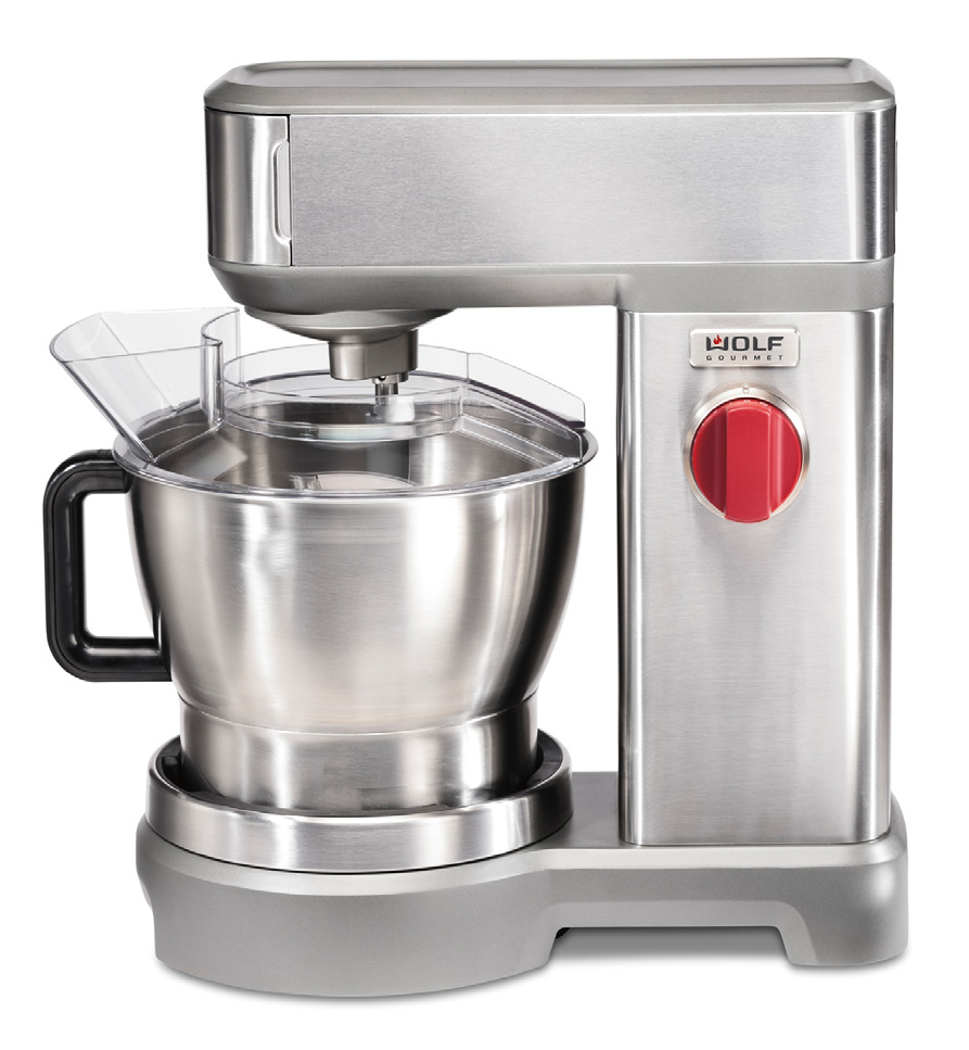 Wolf Gourmet WGSM100S brushed-stainless bowl-lift stand mixer with handled stainless bowl, splash shield and red control knob